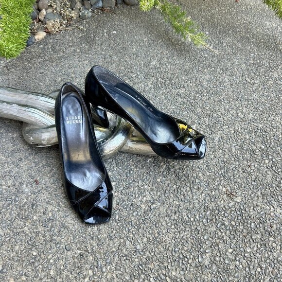 Stuart Weitzman Black Patent Leather Peep Toe Heels Size 6.5 M - Picture 16 of 16